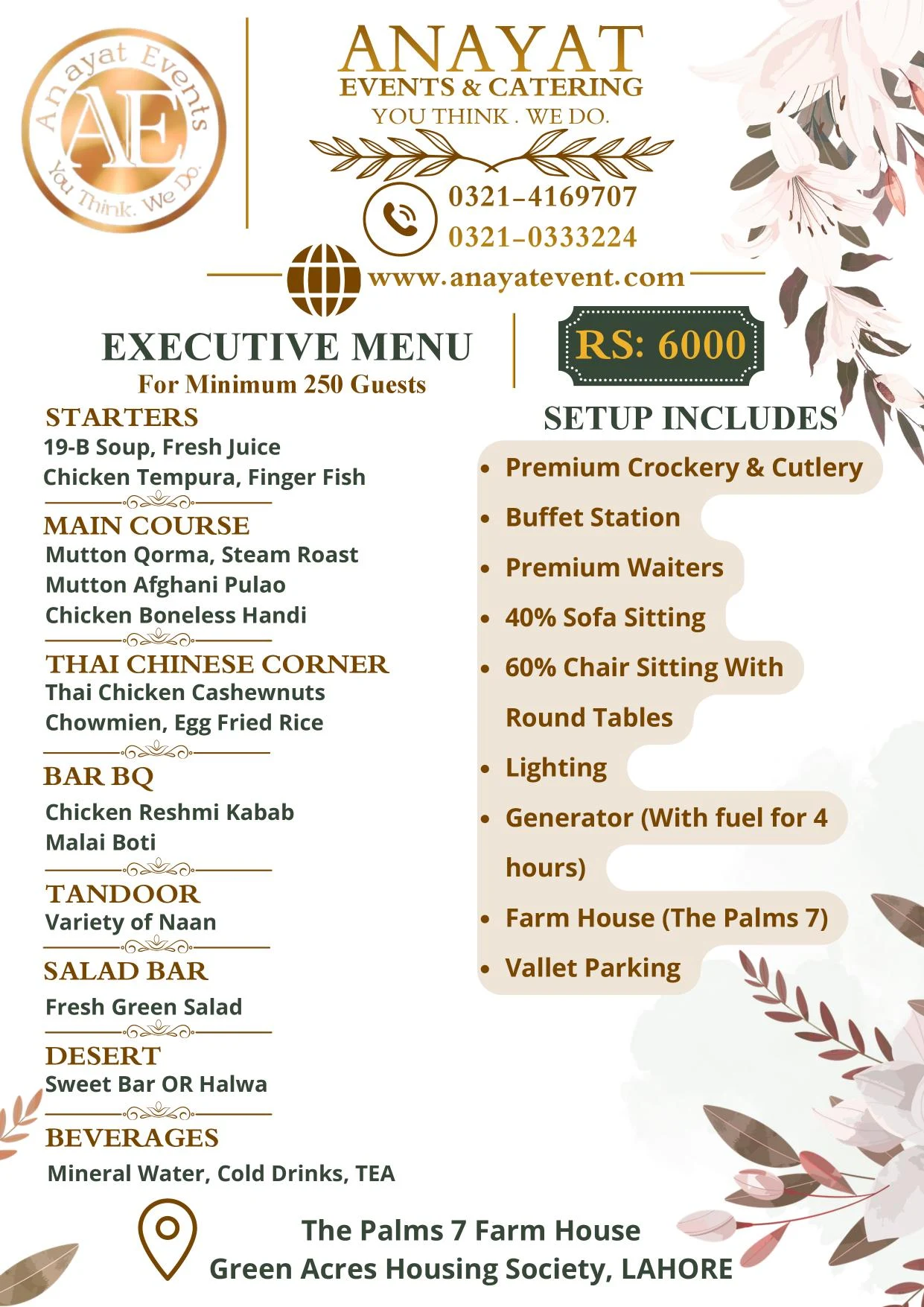Anayat Events executive menu card at Rs 6,000 per guest