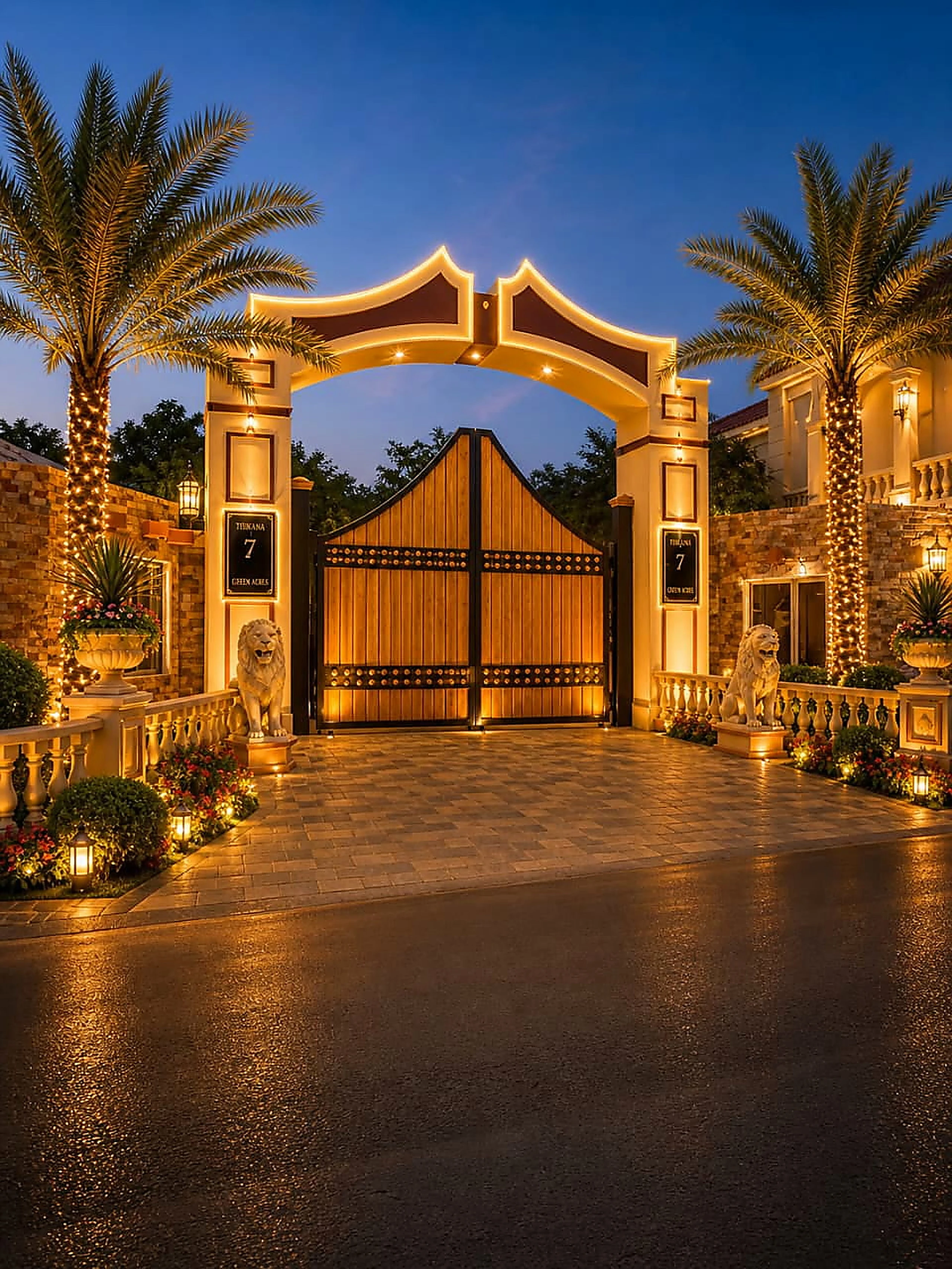 Grand illuminated venue gate flanked by palms at blue hour