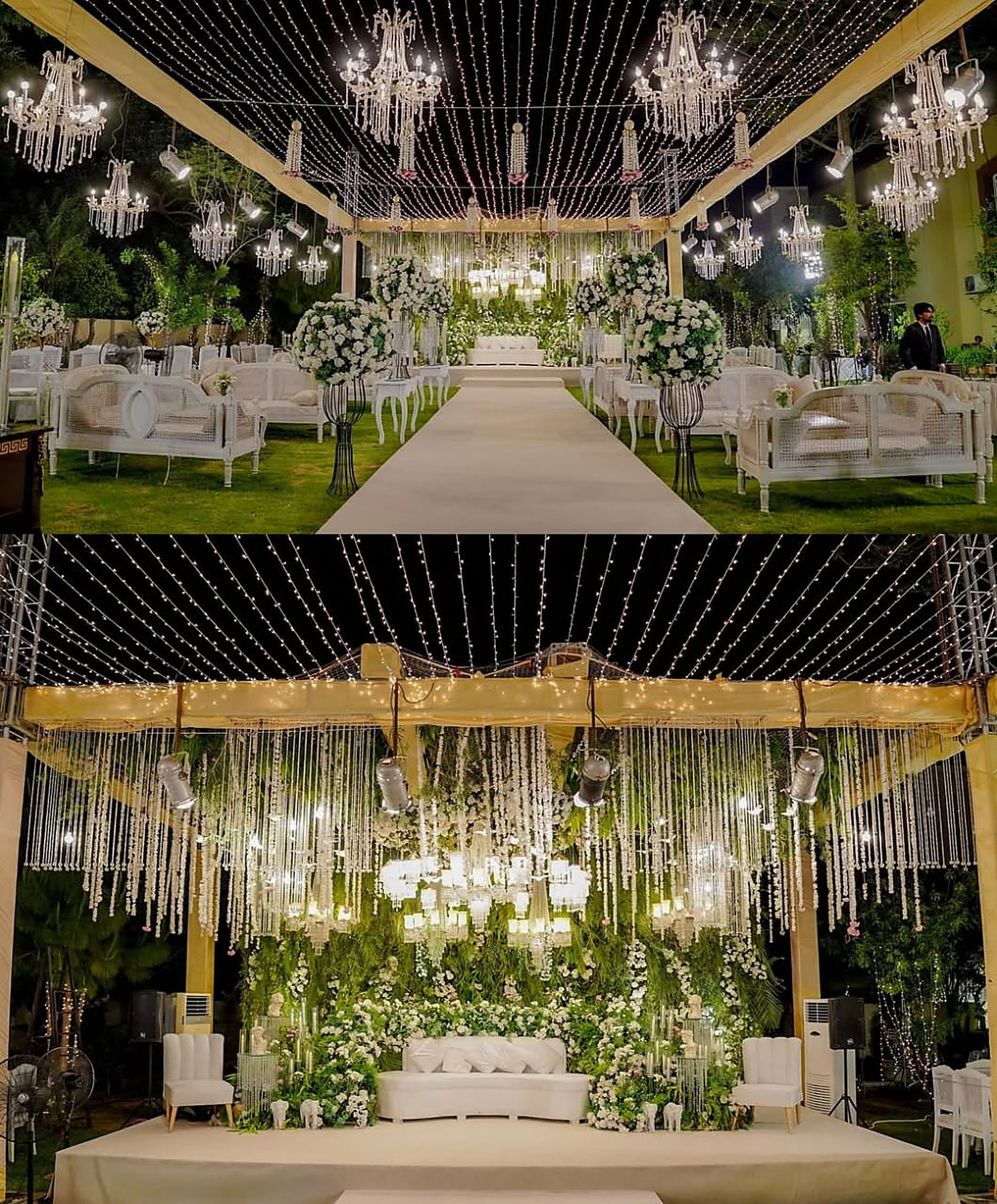 Crystal beaded backdrop over a white couch stage with gold framing