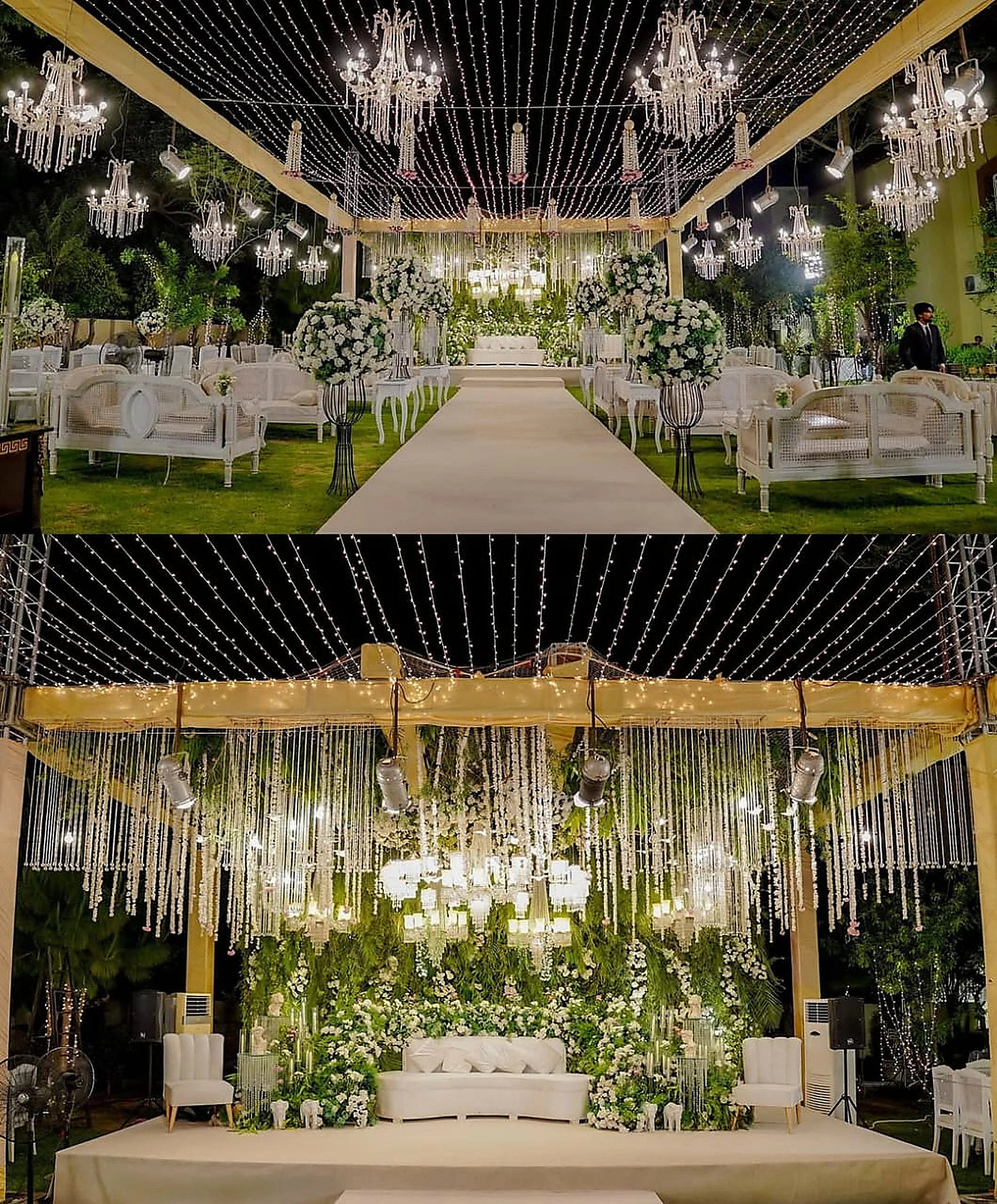 Crystal beaded backdrop over a white couch stage with gold framing