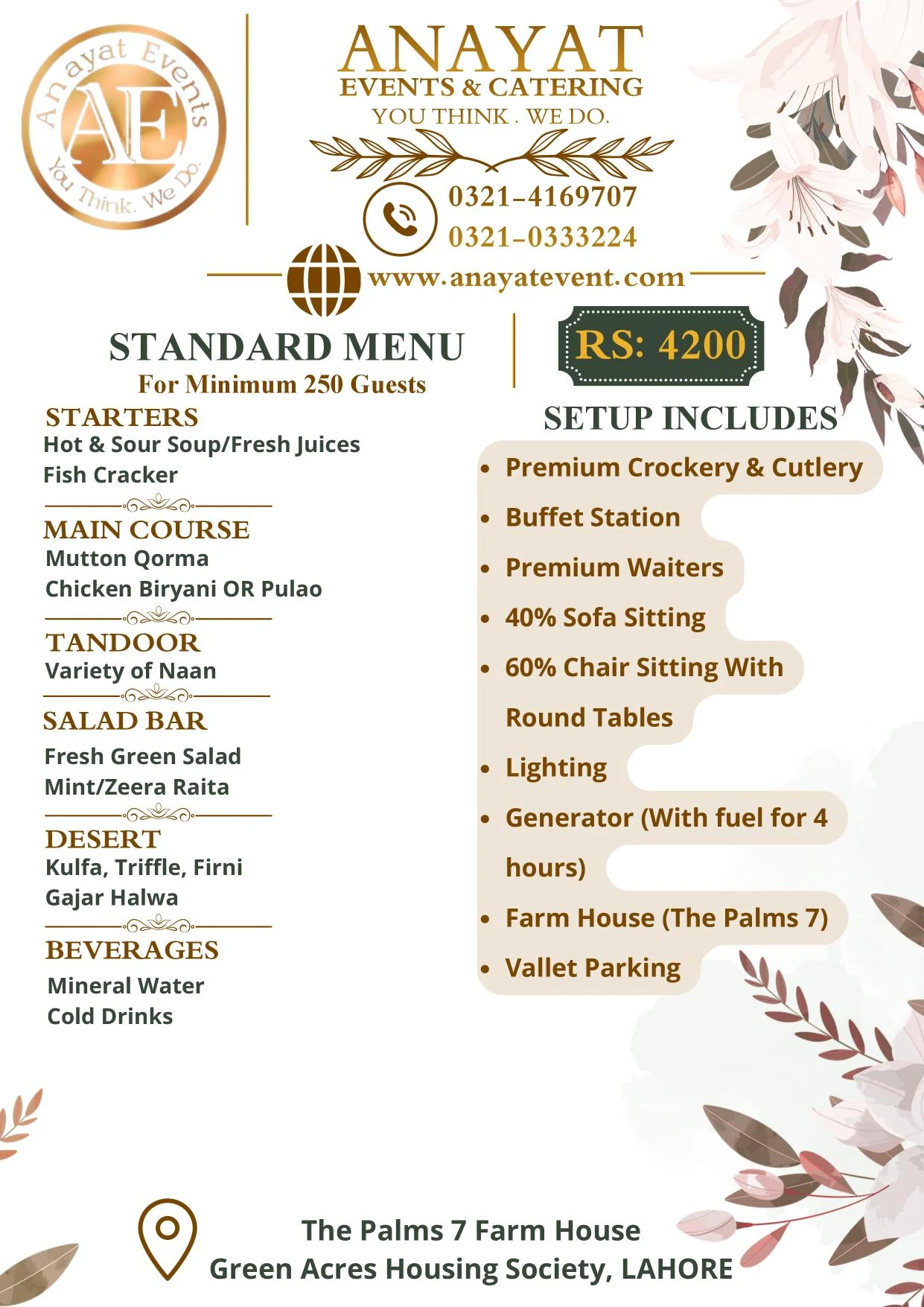 Anayat Events standard menu card at Rs 4,200 per guest