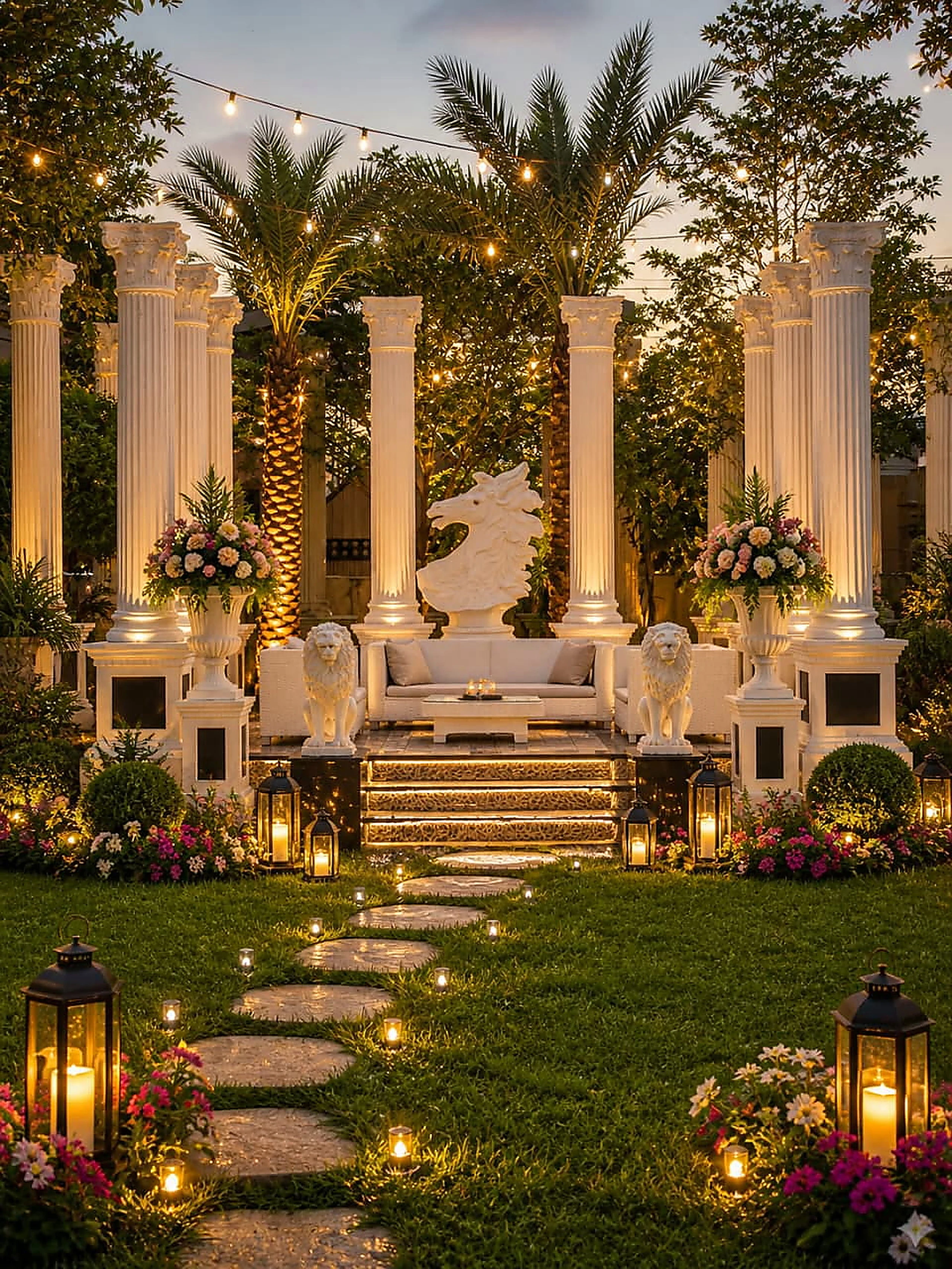 Columned garden walkway lit with lanterns and lined with florals