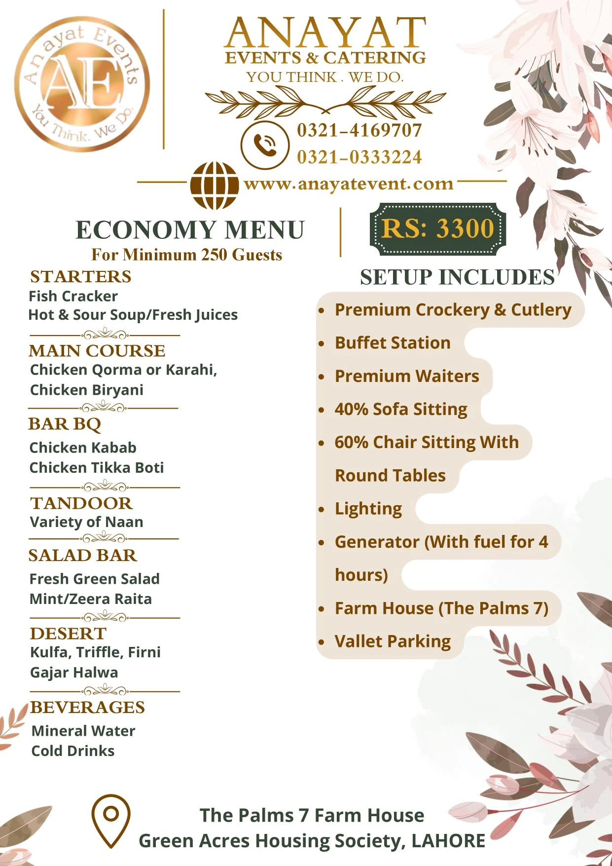 Anayat Events economy menu card with bar bq at Rs 3,300 per guest