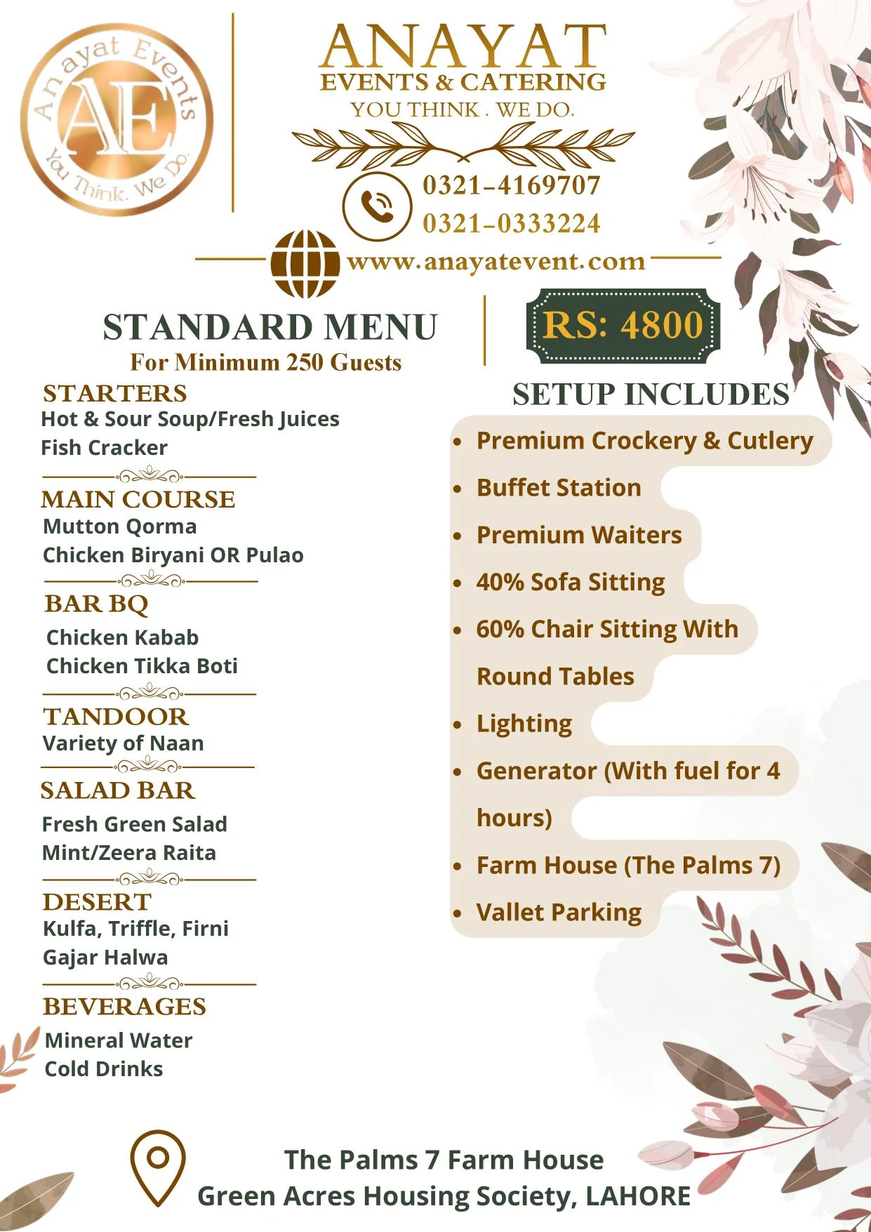 Anayat Events standard menu card with bar bq at Rs 4,800 per guest